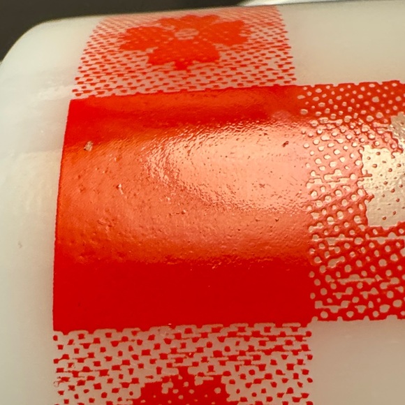 Vintage Federal Milk Glass Mugs in Red and White Gingham with Small Flowers - Picture 5 of 16